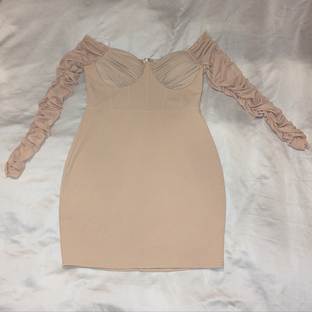 Steve Madden Nude Long Sleeve Ruched Dress